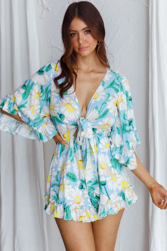 Athira Tied Bust Flared Sleeve Romper Daisy Blue