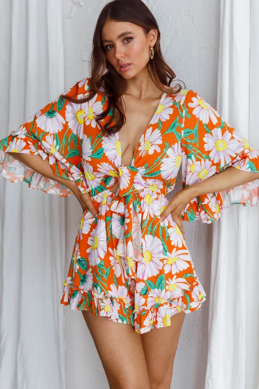 Athira Tied Bust Flared Sleeve Romper Daisy Orange