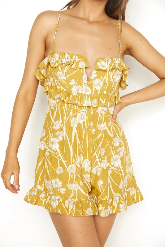 Bay Shores Frill Trim Romper Floral Yellow