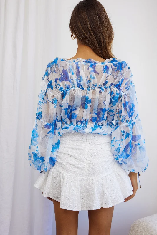 Beau Balloon Sleeve Drawstring Top Floral Print White/Blue