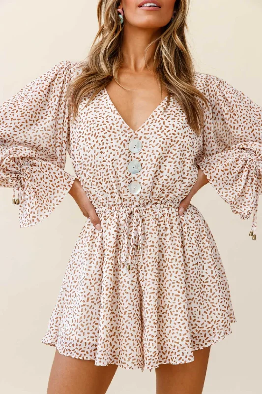 Believe It Or Not Long Sleeve Drawstring Romper Sprinkle Print Beige