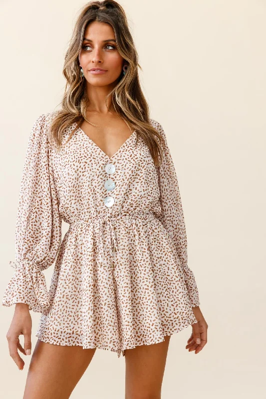 Believe It Or Not Long Sleeve Drawstring Romper Sprinkle Print Beige