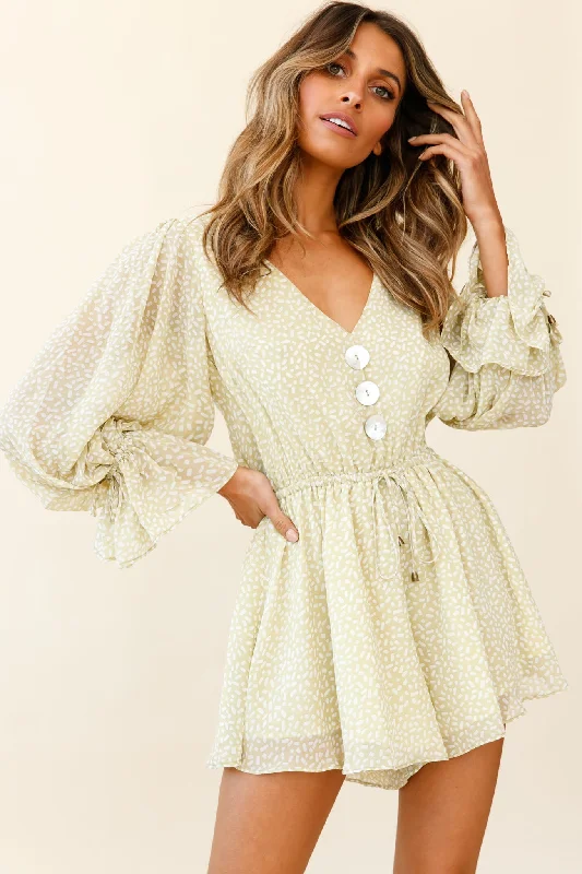 Believe It Or Not Long Sleeve Drawstring Romper Sprinkle Print Green