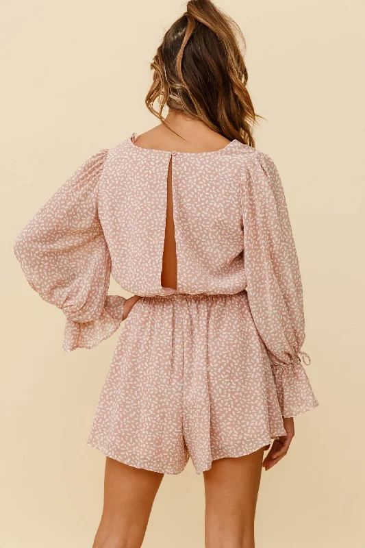 Believe It Or Not Long Sleeve Drawstring Romper Sprinkle Print Pink