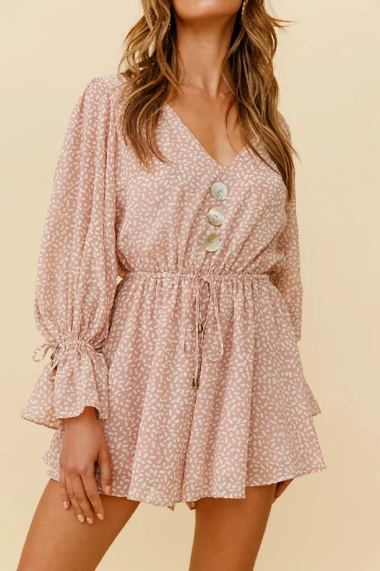 Believe It Or Not Long Sleeve Drawstring Romper Sprinkle Print Pink