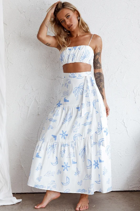 Bondi Waist Tie Maxi Skirt Printed White