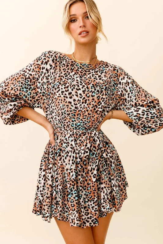 Drift Away Long Sleeve Godet Detail Dress Leopard Print Brown