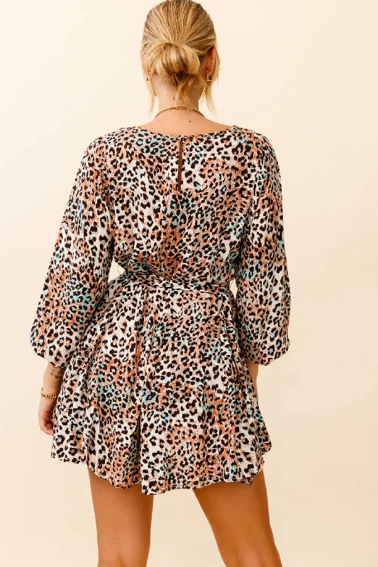 Drift Away Long Sleeve Godet Detail Dress Leopard Print Brown