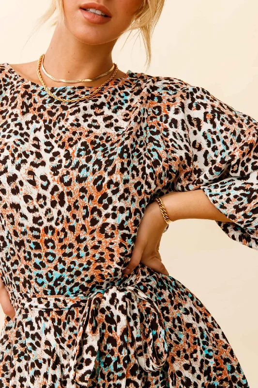 Drift Away Long Sleeve Godet Detail Dress Leopard Print Brown