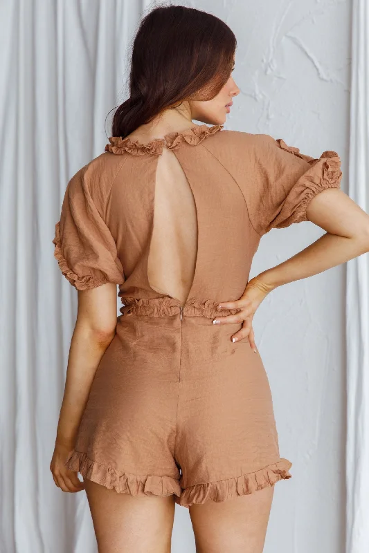 Galatia Frill Trim Puff Sleeve Romper Tan