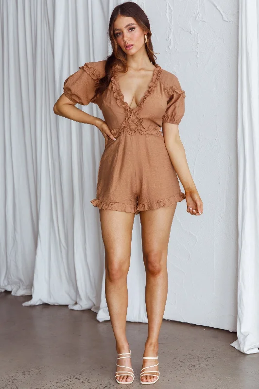 Galatia Frill Trim Puff Sleeve Romper Tan