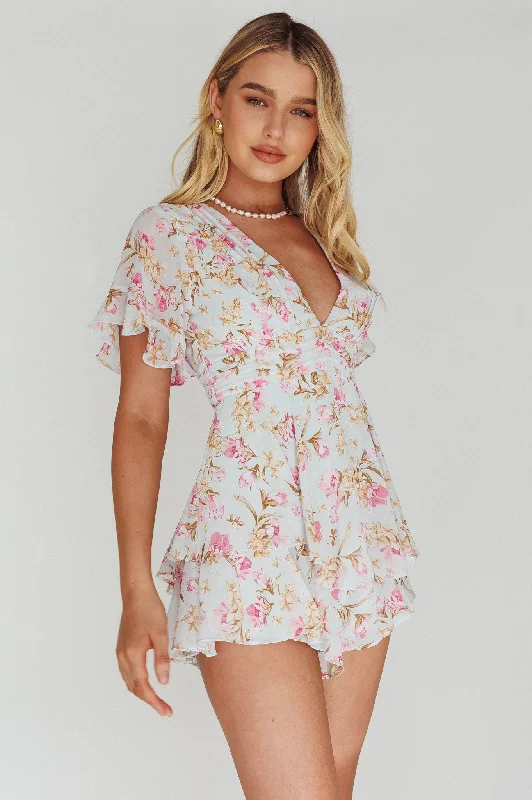 Golden Light Pintuck Pleat Romper Floral Blue