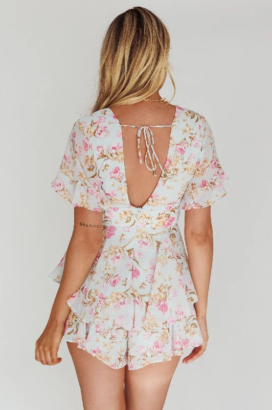 Golden Light Pintuck Pleat Romper Floral Blue