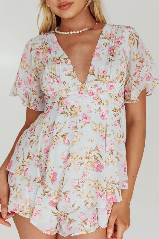 Golden Light Pintuck Pleat Romper Floral Blue