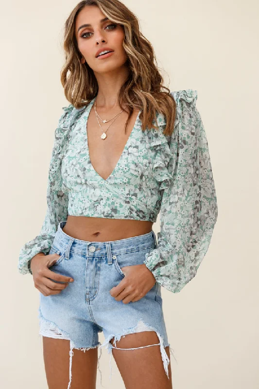 Hello, Dolly! Long Sleeve Waist Tie Crop Top Floral Print Green