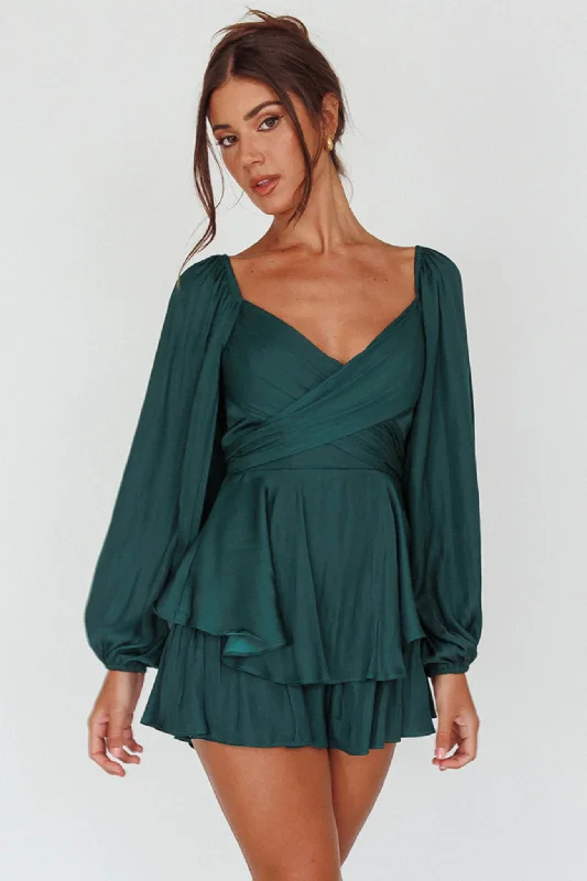 It's Complicated Long Sleeve Flounce Romper Forest Green