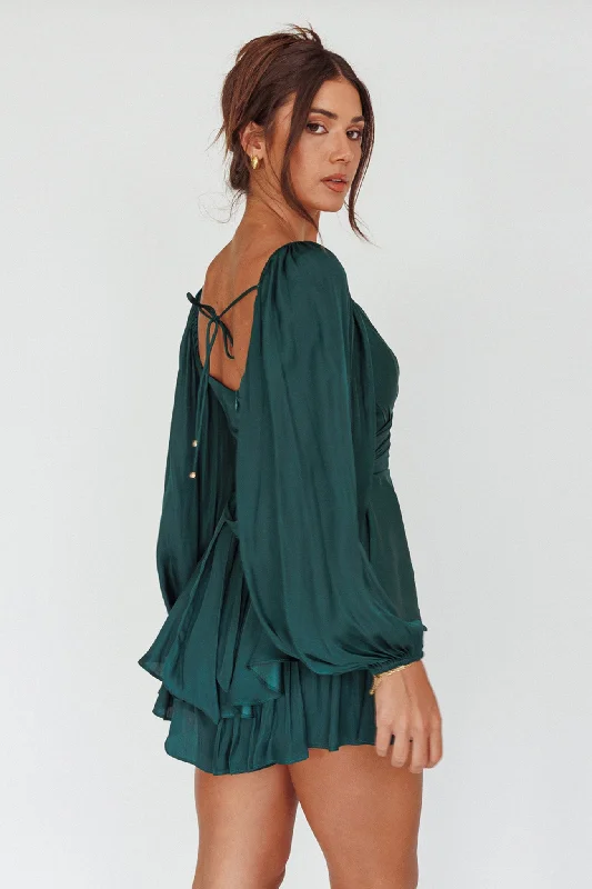 It's Complicated Long Sleeve Flounce Romper Forest Green