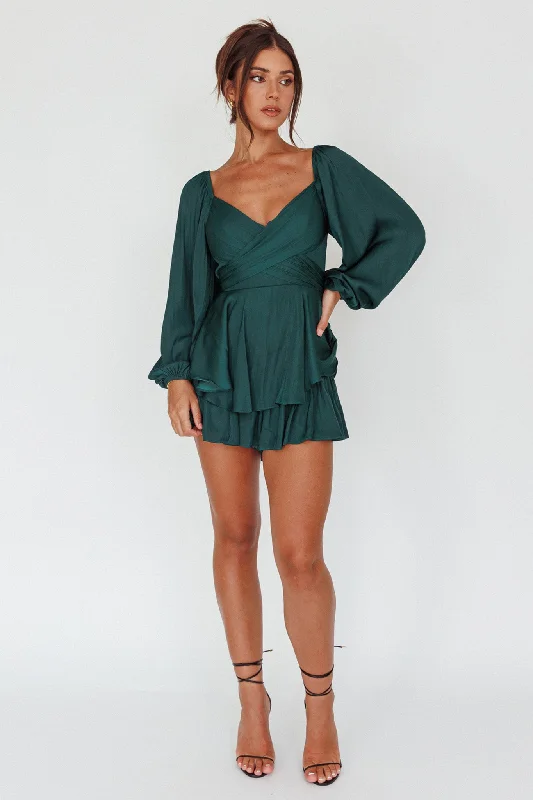 It's Complicated Long Sleeve Flounce Romper Forest Green