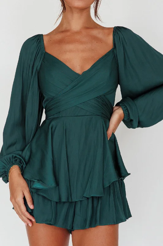 It's Complicated Long Sleeve Flounce Romper Forest Green