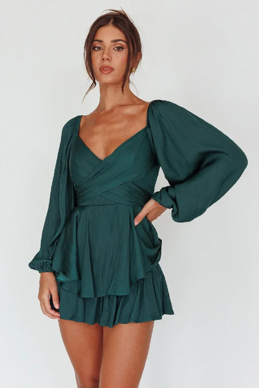 It's Complicated Long Sleeve Flounce Romper Forest Green