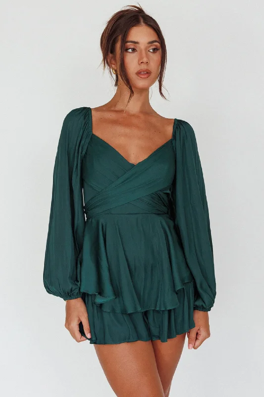 It's Complicated Long Sleeve Flounce Romper Forest Green