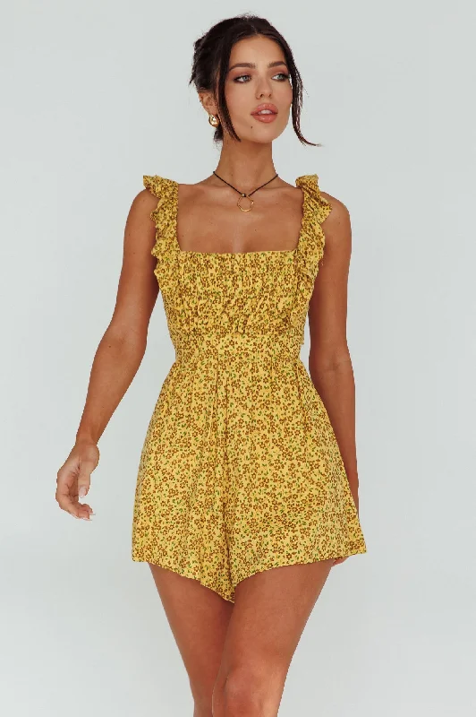 Lazy Sunday Frill Strap Tie-Up Back Romper Floral Print Mustard