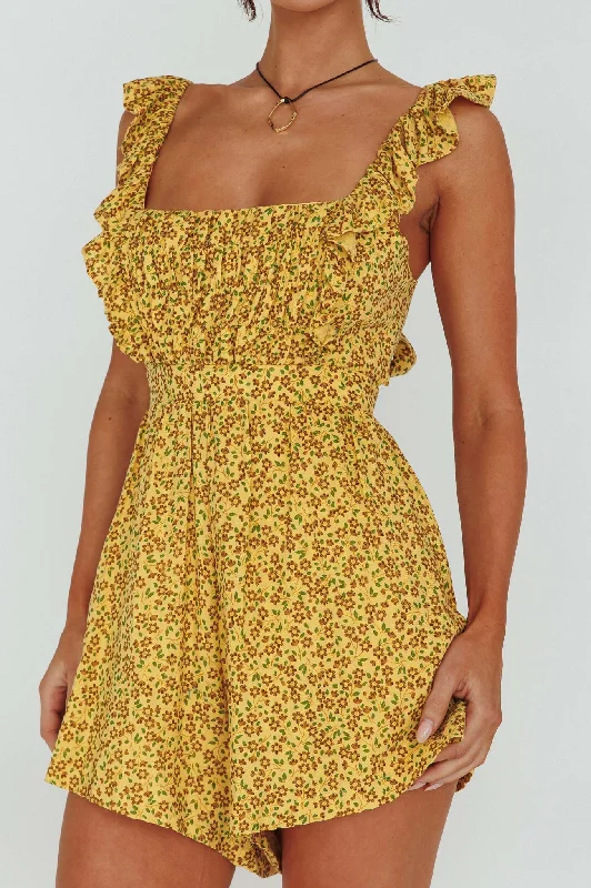 Lazy Sunday Frill Strap Tie-Up Back Romper Floral Print Mustard