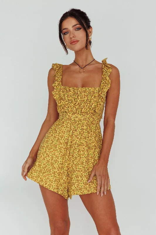 Lazy Sunday Frill Strap Tie-Up Back Romper Floral Print Mustard