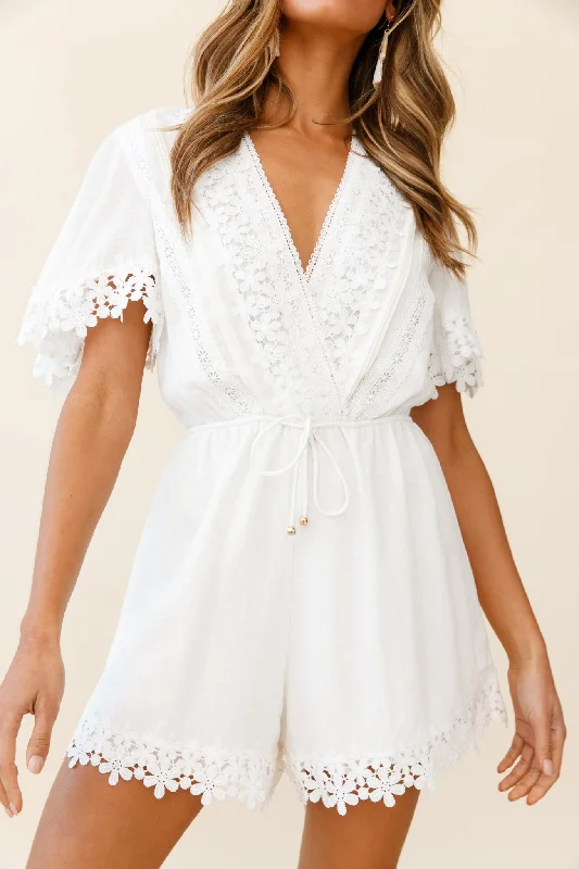 Let's Escape Floral Lace Trim Drawstring Waist Romper White