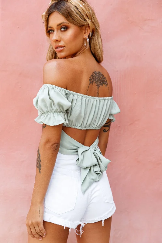 Linka Off-Shoulder Tie-Back Crop Top Pistachio