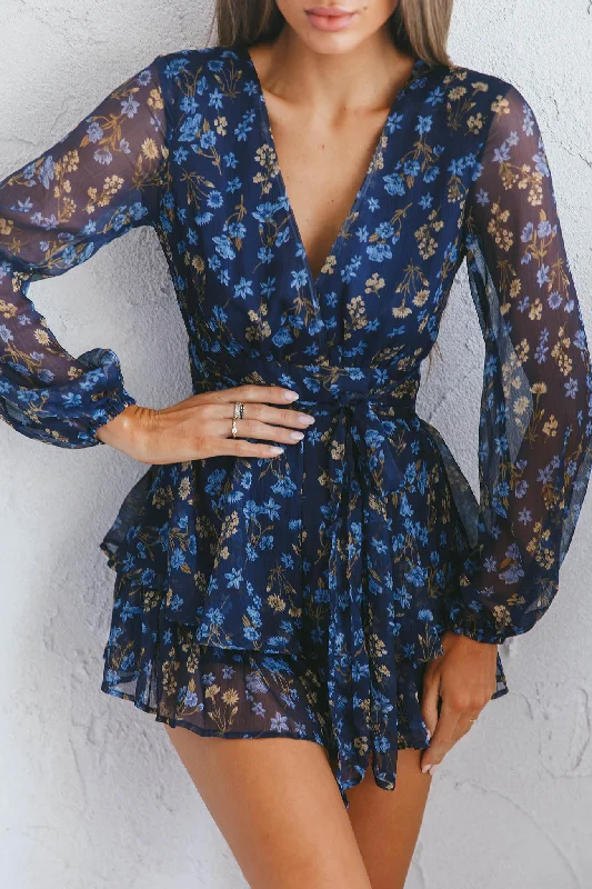 Maddox Fit & Flare Long Sleeve Romper Botanic Print Navy