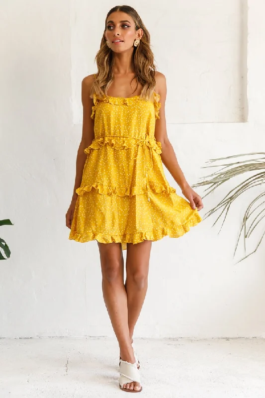 Maria Frill Trim Polka Dot Dress Mustard