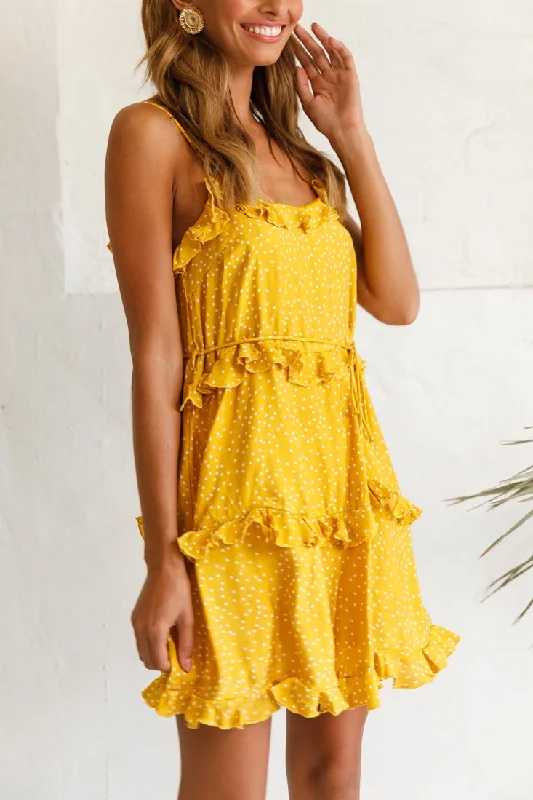 Maria Frill Trim Polka Dot Dress Mustard