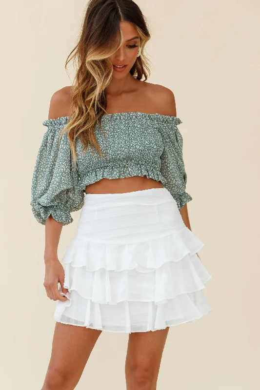 Meet Cute Shirred Bust Off-Shoulder Crop Top Speckle Print Olive