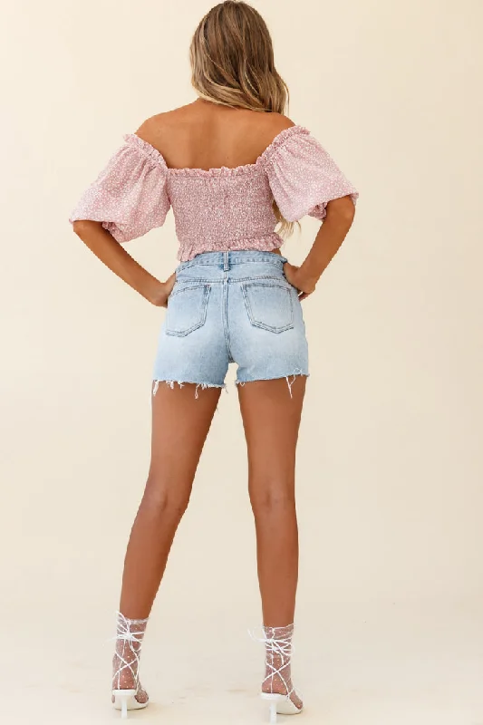 Meet Cute Shirred Bust Off-Shoulder Crop Top Speckle Print Pink