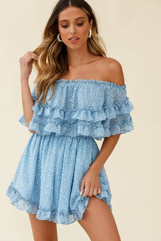 Meet Me At Sunset Bardot Neckline Frill Trim Dress Speckle Print Blue