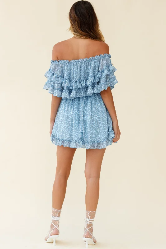 Meet Me At Sunset Bardot Neckline Frill Trim Dress Speckle Print Blue