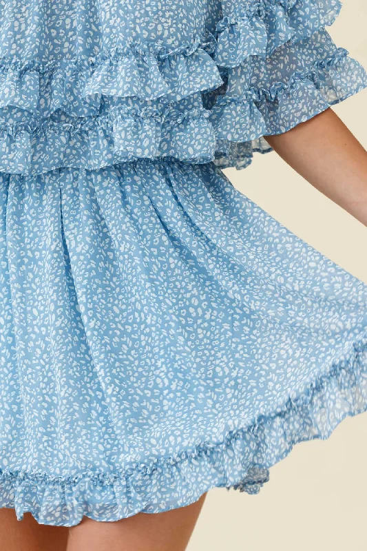 Meet Me At Sunset Bardot Neckline Frill Trim Dress Speckle Print Blue