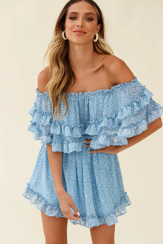 Meet Me At Sunset Bardot Neckline Frill Trim Dress Speckle Print Blue