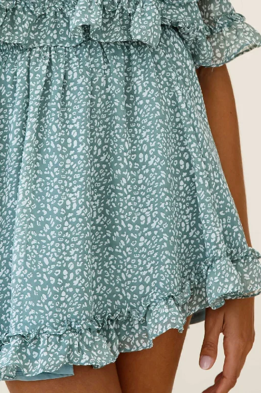 Meet Me At Sunset Bardot Neckline Frill Trim Dress Speckle Print Olive