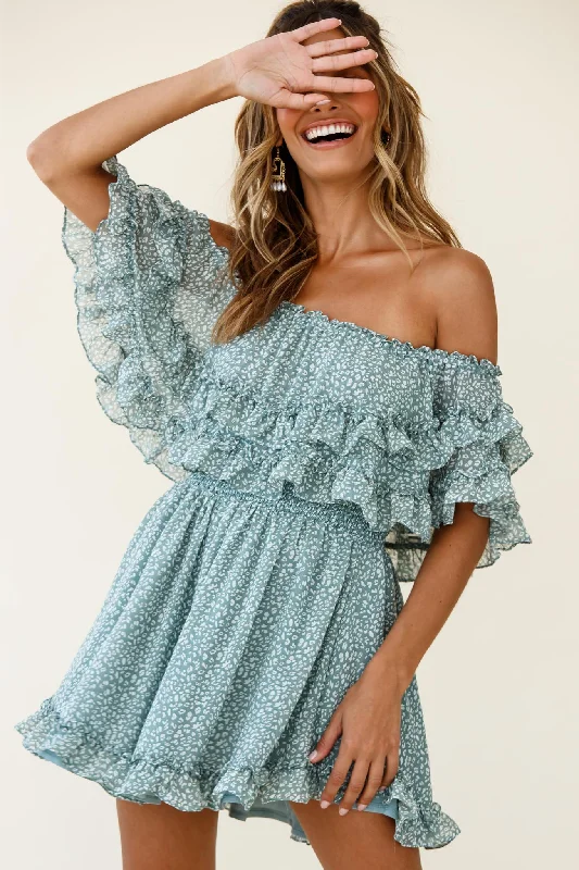 Meet Me At Sunset Bardot Neckline Frill Trim Dress Speckle Print Olive