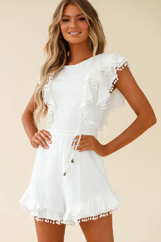 Must Be Nice Frill Shoulder Circle Trim Romper White