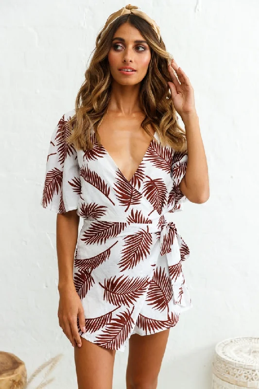 Nadi V-Neckline Wrap Romper Palm Print Wine