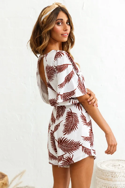 Nadi V-Neckline Wrap Romper Palm Print Wine