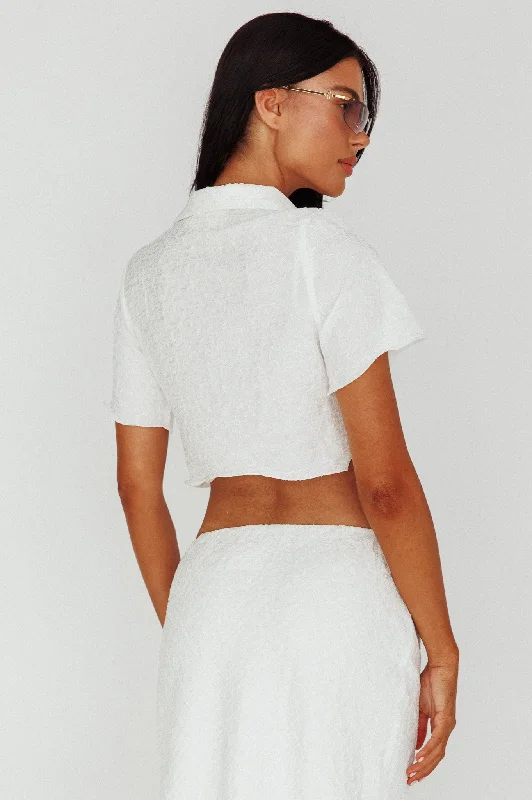 Roman Button-Up Crop Top Textured White