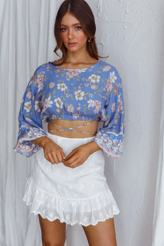 Sea View Long Sleeve Crop Top Floral Blue