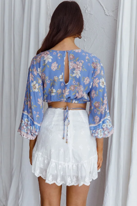 Sea View Long Sleeve Crop Top Floral Blue