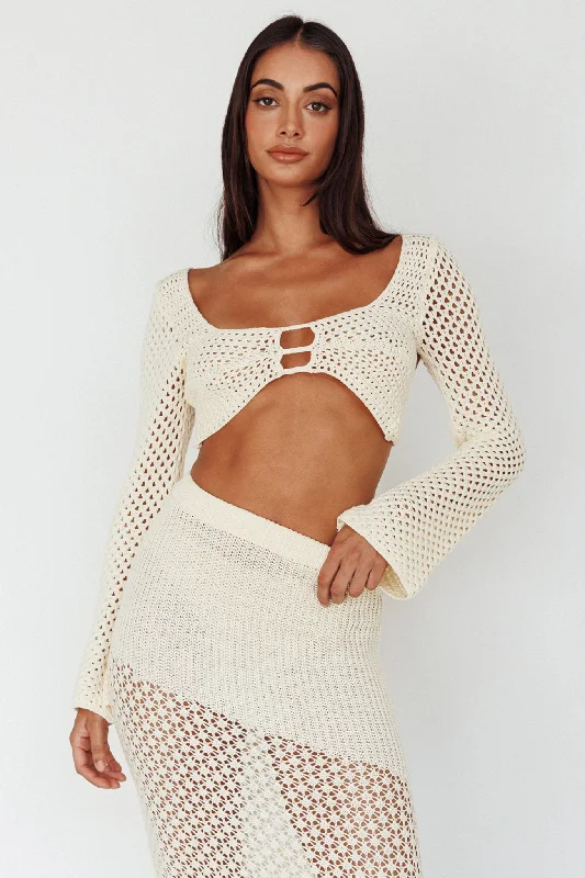 Serenity Sky Long Sleeve Crochet Crop Top Milk