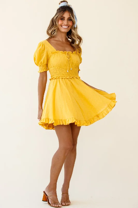 Summer In Paris Puff Sleeve Open Back Dress Mustard