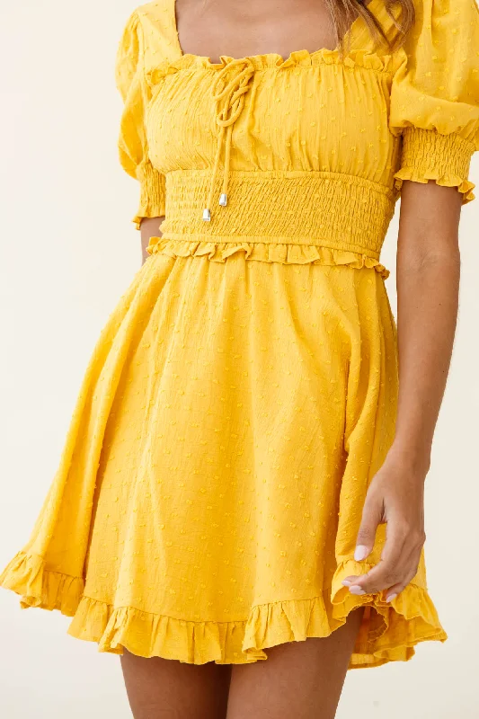 Summer In Paris Puff Sleeve Open Back Dress Mustard